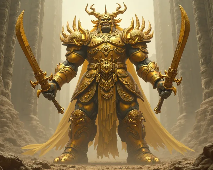 A big man all covered in golden armor, having three interconnected faces, four arms,  holding two swords