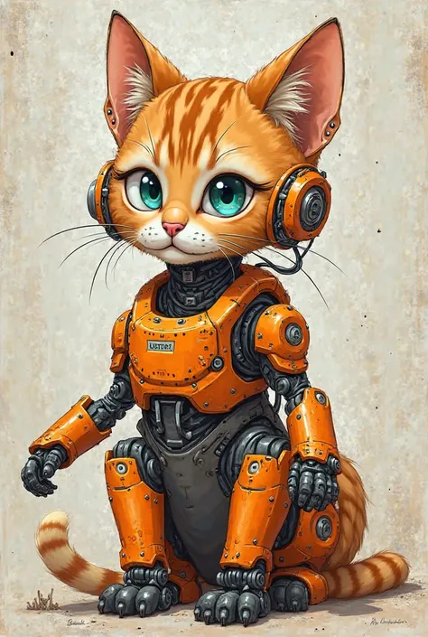 Cat with orange robotic parts, in the form of a rough looking cartoon for YouTube channel image 