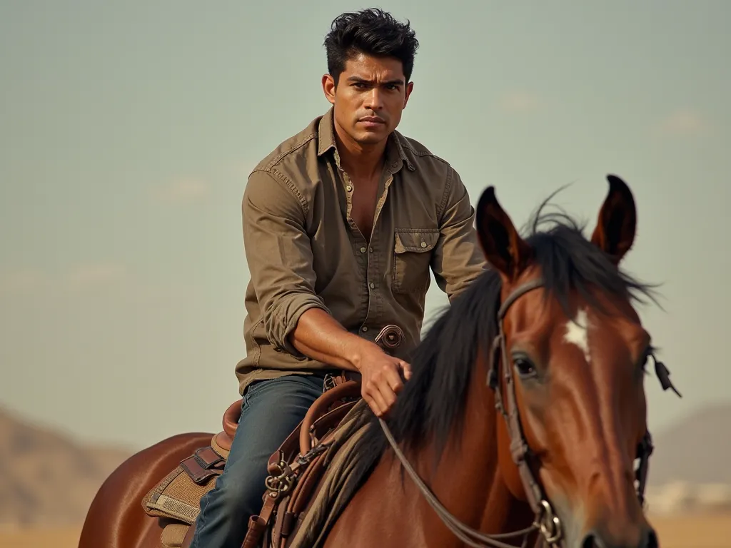 Hungry Latino 30-year-old wrinkle-free face, riding a brown horse, looking at the camera, Short Hair
