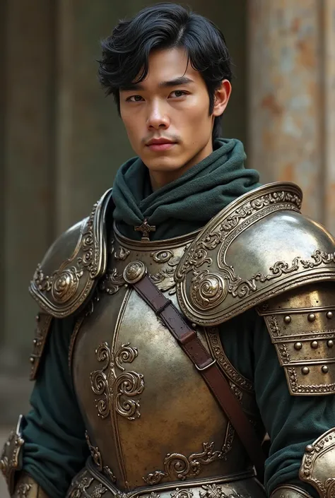 A 20-year-old gentleman in armor with black hair, book-cut and skin. 