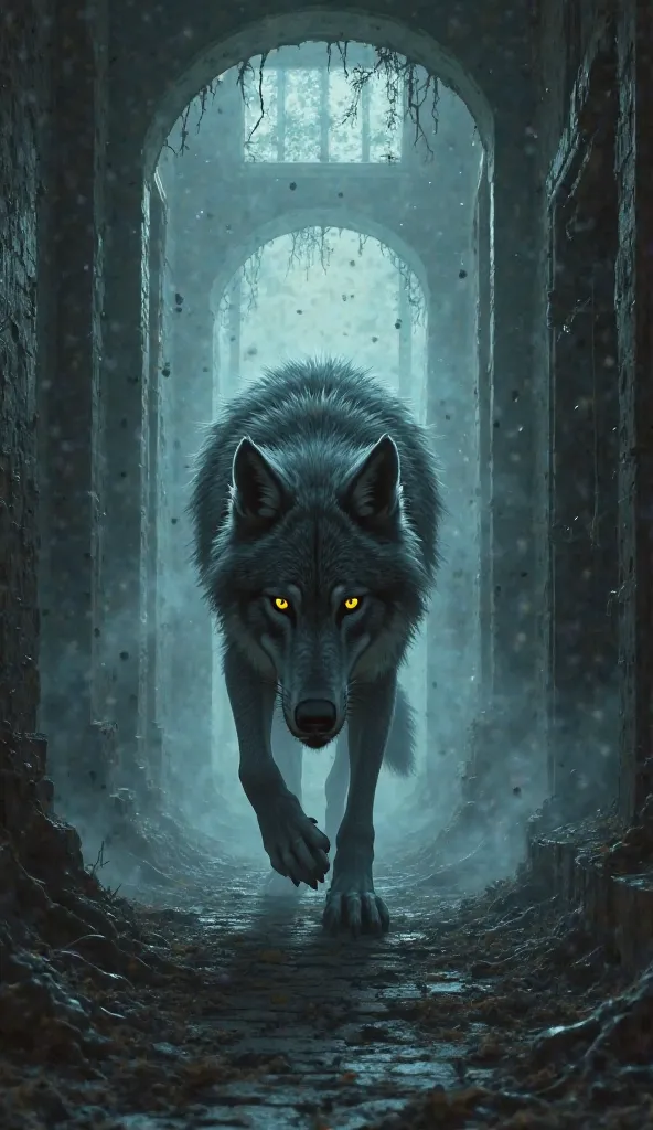 Wolf in a haunted house with fog 