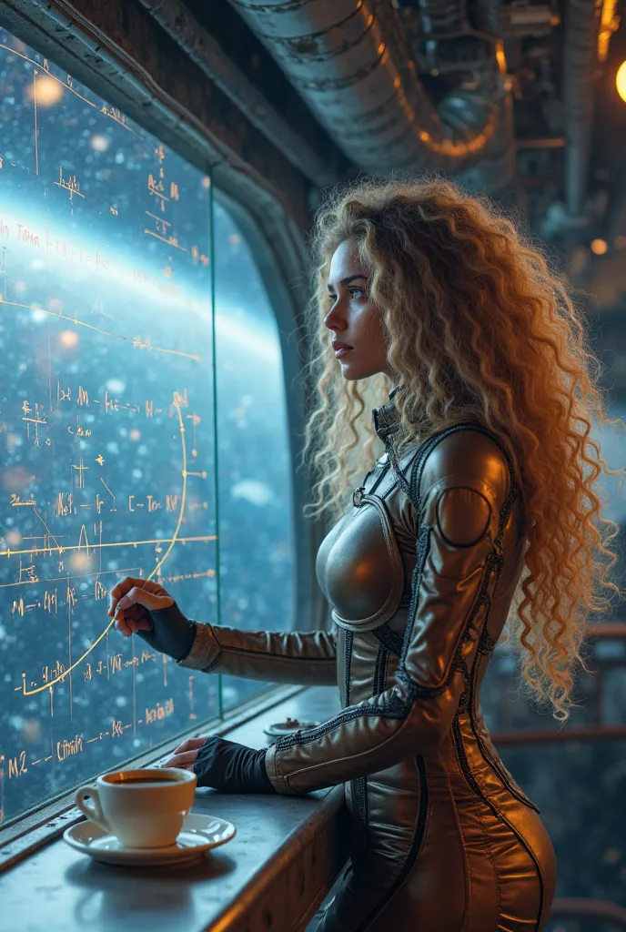 Woman with long light brown curly hair with blond lights, dressed in an alien spacesuit writing the unified field equations on a transparent board near a large window overlooking the galaxies of a spaceship in a large room with a cup of coffee on top of an...