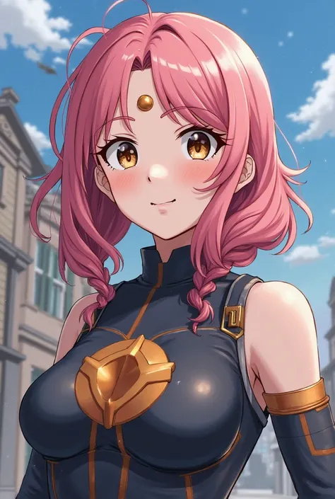  my hero academy style, Female,brown eyes ,low pink hair, circle on the forehead,two locks falling on the sides of the ear,two pigtails as a teenager,full body 