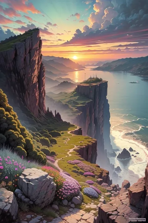 masterpiece, Large island, colored flowers. Beautiful sky and rocks in the distance. Adventure landscape .  Top quality ,  Detailed.