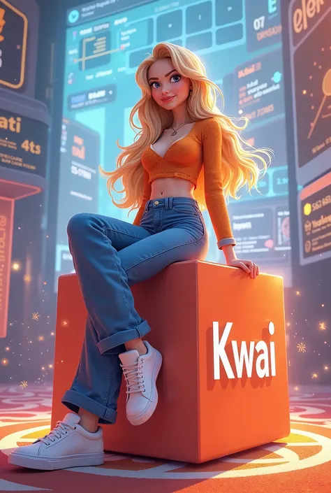 An animated female character with long flowing BLONDE hair sits on top of a large block with the KWAI logo. She is wearing an orange patterned top, blue jeans, and white sneakers. The background displays a digital representation of the page titled “KWAI” w...