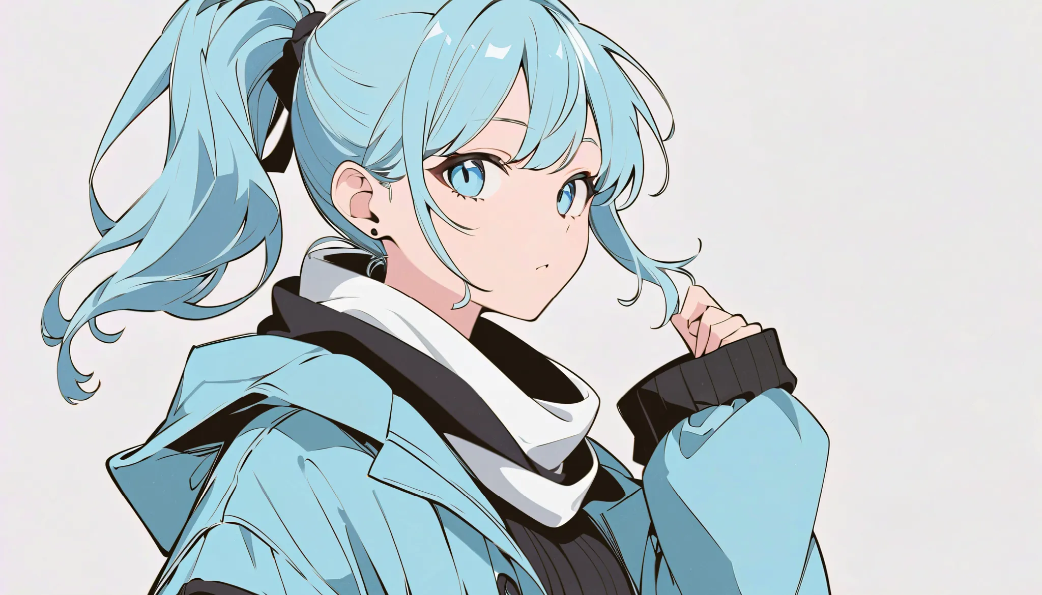 ((((ultra illustrated style:1.0)))), best quality, best animated, masterpiece, 
monochrome, flat color, 
black and red, 1girl, solo, 
(light blue hair, ponytail) and (light blue eyes),
casual, coat, scarf, 
tachi-e,
white background, simple background, blu...