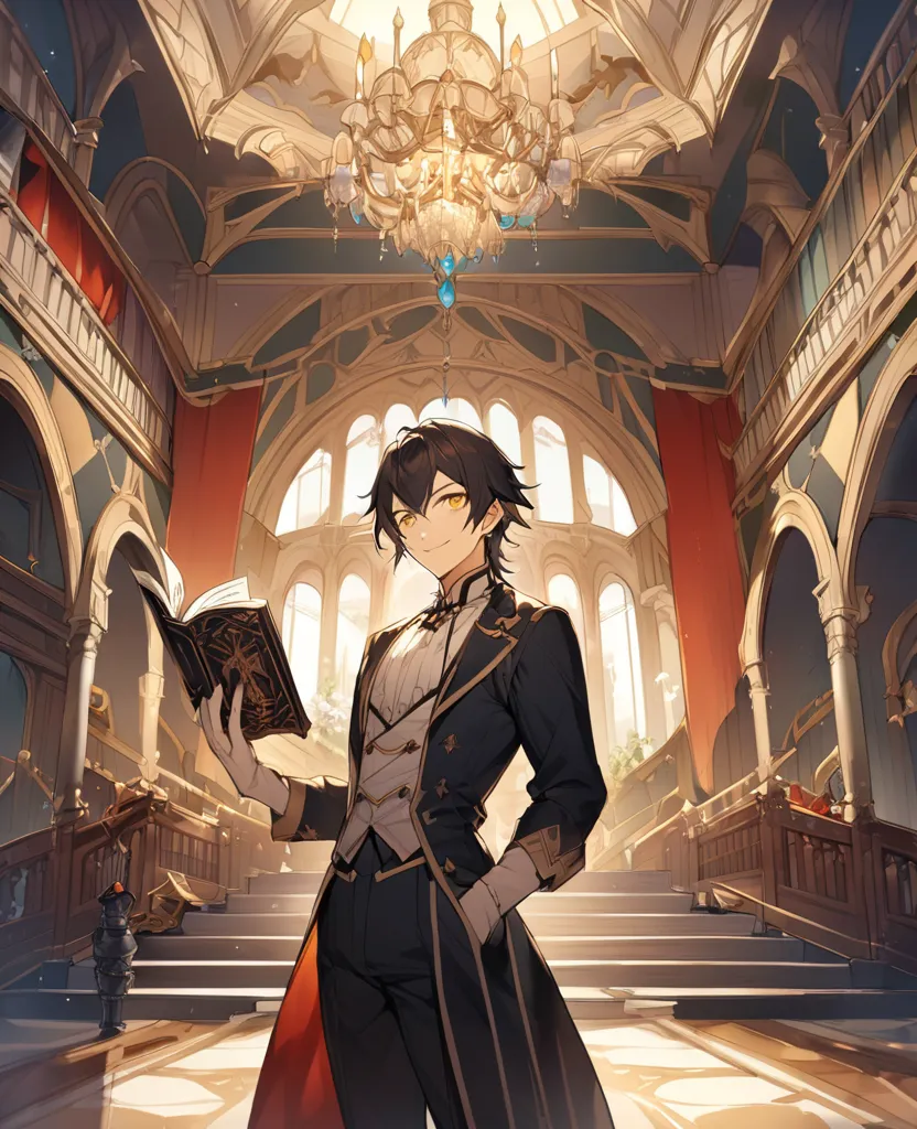 adult man, thin,high, athletic body design, Victorian clothes,  medium hair/Longo stripped black,  yellow-colored eyes, mischievous smile, holding a spell book, Imperial Scenery, Fantasy