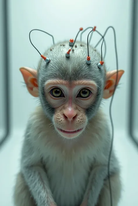 A little monkey with its head down, and electrodes on the skull, dans la cage blanche d'un laboratoire, In very very very close-up. 