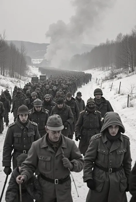 Scene 1: Eastern Front Evacuation

Visuals: Archival footage of civilians and soldiers evacuating East Prussia during winter 1945, showcasing snow-covered landscapes and crowded transport routes.