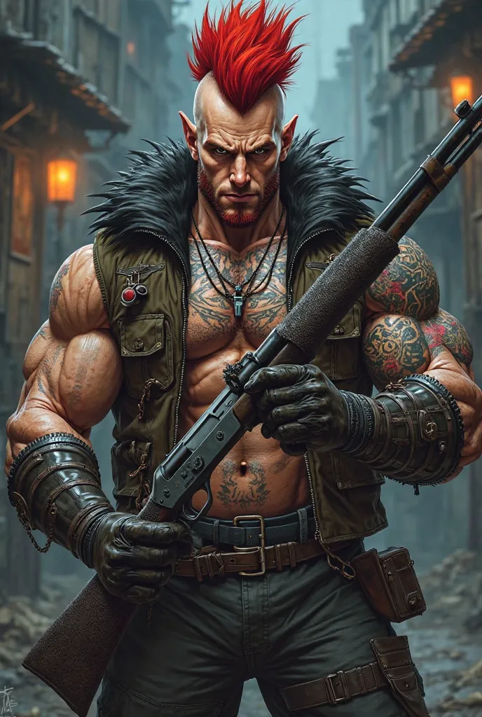  Highest quality, textured skin, Skinhead Man,Hahaha,red mohawk cutter, muscular thick and rugged body,jacket with black leather fur on bare skin,earrings,Intimidating, blank stare, goblins, anime,Dog Tags,warrior maiden tattoo,pointed ears,pump-up shotgun...