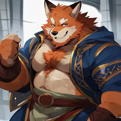 fox, furry, orange fur, handsome, very muscular, very big, extremely hot and sexy, beard, hair, chest hair, charming eyes, solo, male, happy expression, daddy, full body, big body, blue medieval clothes, middle aged, by hyaku, by darkgem, by glitter trap b...