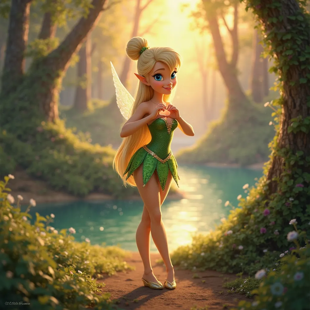 Create a photorealistic full-body image of a female character with long blonde hair and vibrant blue eyes, her hair elegantly styled in a bun with a few loose strands softly framing her shoulders. She is wearing a detailed Tinker Bell costume, including a ...