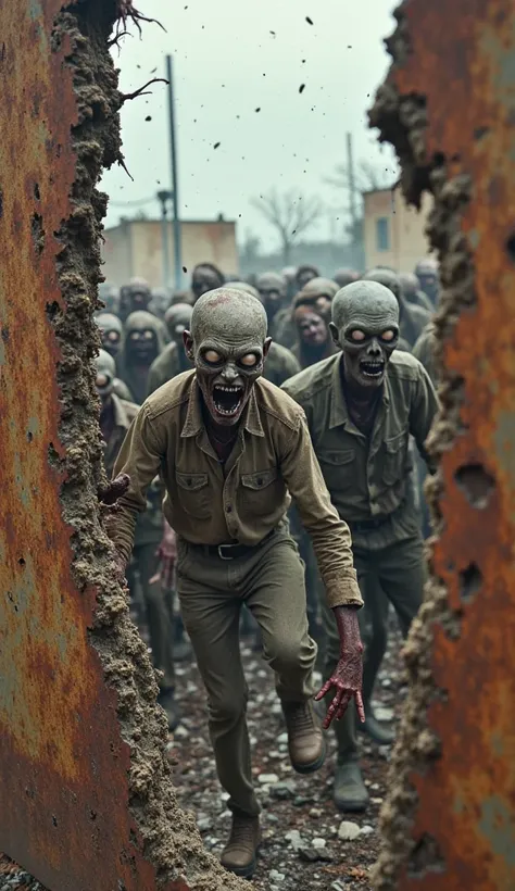 "an image showing a rusty metal fence being broken by a horde of zombies. The view is focused on the zombies crossing the holes and cracks in the fence, What is falling apart. The zombies are closing in, some already inside the protected area, with empty e...