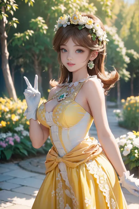 ((masterpiece,best quality,ultra-delicate,Perfect Face,detailed eyes,16k,high resolution,very beautiful girl)), princess daisy, yellow princess long skirt dress, white gloves, brown hair,large breasts,,happy smile,energetic,many flower garden,