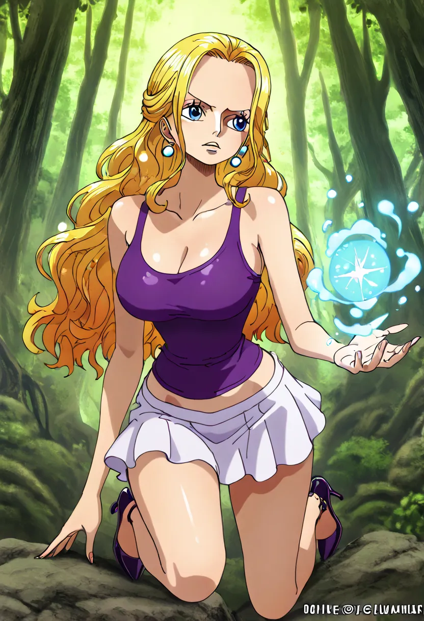 jewelry, swimsuit,tank top , earrings, skirt , high heels, purple tank top only,white short skirt ,blonde hair, masterpiece, no bangs one piece ,,, In a dark forest, maria wields her hand, casting a magic sparkling spell that illuminates the surroundings. ...