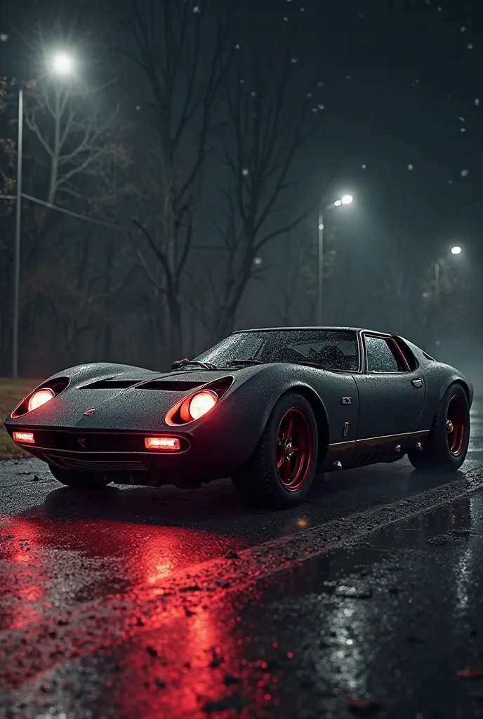   realistic photo, Lamborghini Miura with an extremely aggressive body,  lowered , wheels in dark red ,  matte black paint with red LED headlights,  Dark Night 