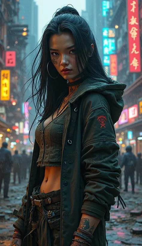 Chinese female warrior with loose hair, tattoos on her body, dressed in torn street clothes in the style of the Chinese mafia, with a hood covering part of her head. The scene takes place in a futuristic city illuminated with neon lights.
