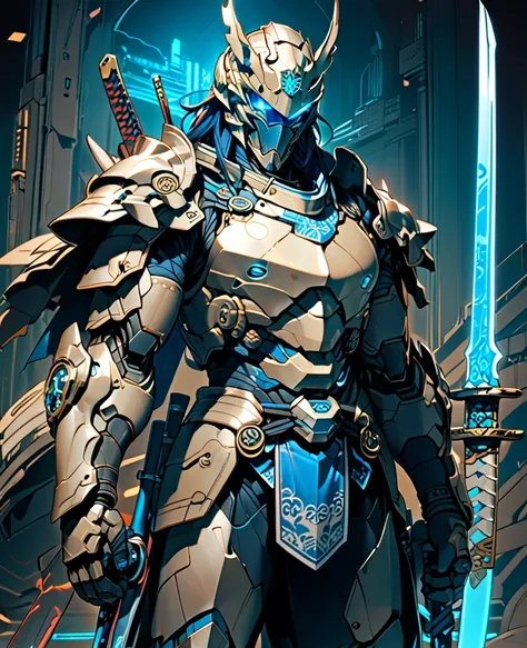 *"A stunning, highly detailed anime-style samurai clad in futuristic robot armor, designed as a masterpiece in 4K. The armor is a sleek combination of traditional samurai aesthetics and advanced technology, featuring intricate engravings inspired by Japane...