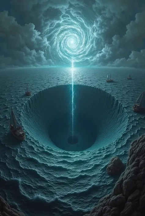 a gigantic submerged whirlpool of dark water that extends to the horizon.  in the center, a spiral emitting rays of unstable mana. The surrounding sky is filled with storm clouds,  with lightning tearing through the darkness . Wrecked ships float on their ...