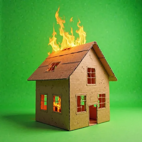 Cardboard house, On fire they have firm lines, High quality lines, they have more delicate shapes and a green screen background