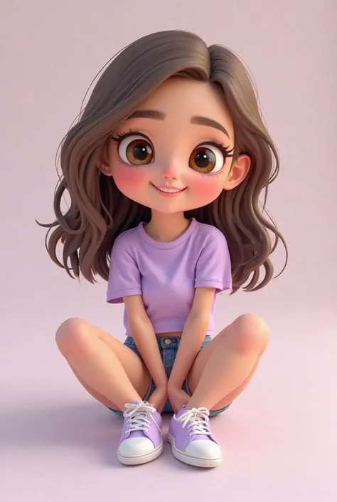 Create a 3D image: beige, loose brown hair, straight big brown eyes and a light purple t-shirt, shorts, jeans and sneakers, light purple with white, and she's  and she's beautiful, cute and sweet and she's sitting there smiling.