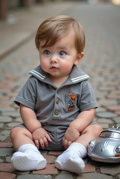  A beautiful baby boy is sitting on the pebble floor , wearing a gray sailor collar shirt with embroidered details of little soldiers, gray shorts white socks and white shoes.  Her hair is light brown ,  well cut and tidy ,  and her eyes are large and blue...