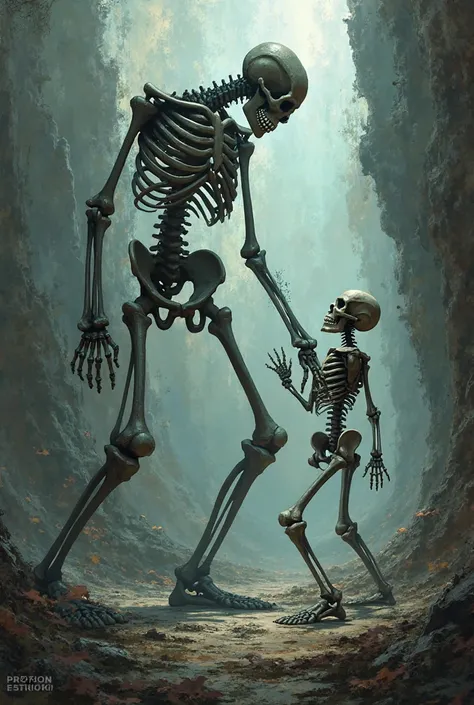 A tall skeleton hitting a dwarf skeleton