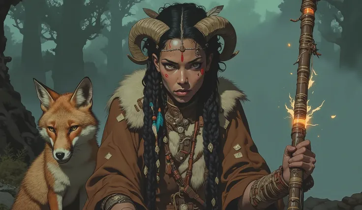 A wise black woman with a fierce, intense expression radiates mystery and deep wisdom, set against a misty, ethereal background. She is dressed in a rugged, tattered outfit consisting of a brown, fur-lined cloak with patches of fur visible. Her attire is a...
