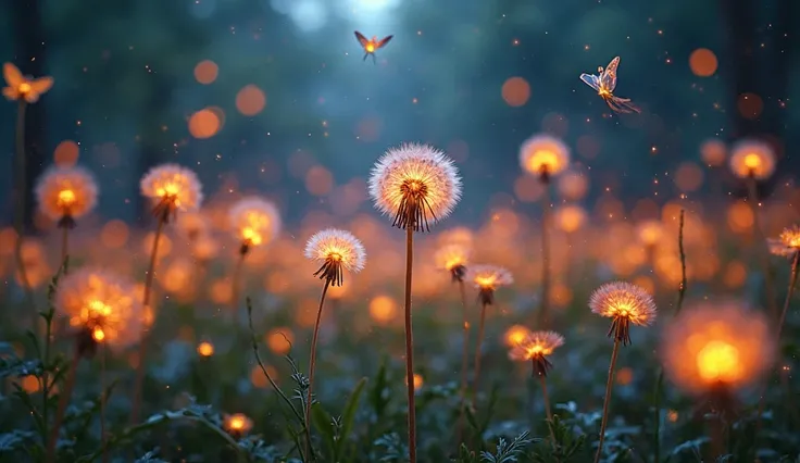 Bioluminescent fairy flying Field of dandelions of various different sizes, Colorful, hyperrealistic, Sunset forest, Da Delio s in the foreground, Flying Dandelions, magical and enchanted atmosphere, mini iridescent butterflies,  pétalas de Flying Dandelio...