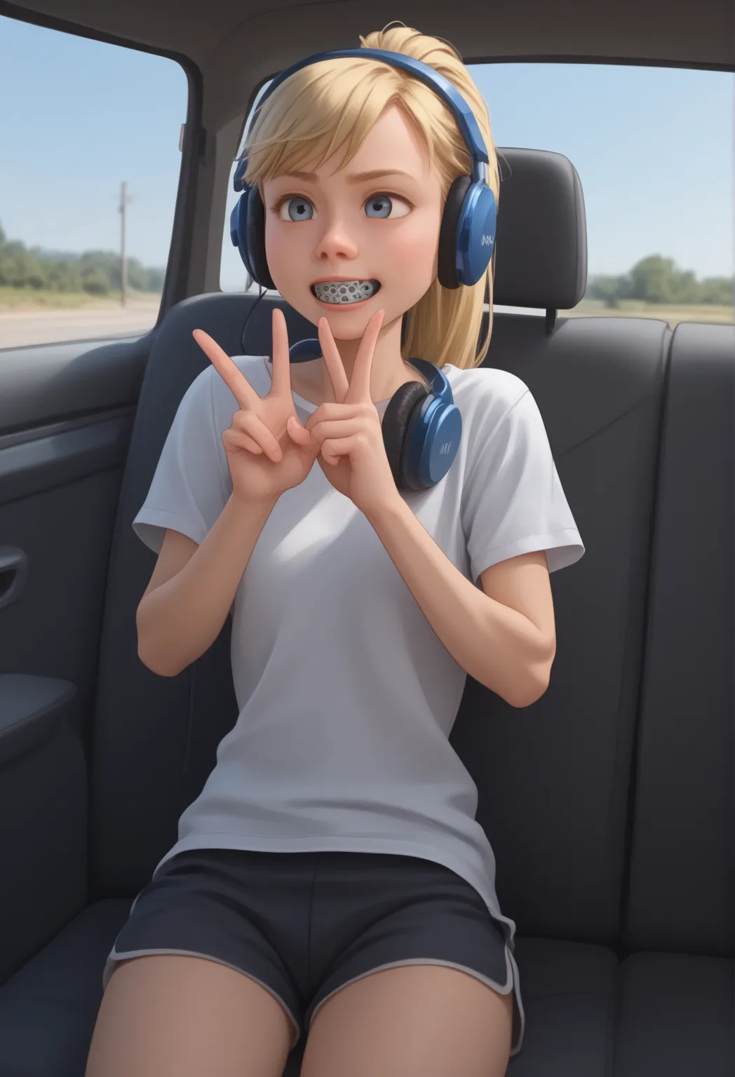 score_9, score_8_up, score_7_up, score_6_up, score_5_up, score_4_up, 'heavy'; chunky', fat'; obese' for her size', ri_ley2, 01girl10, ponytail, blond hair, 'in a car', 'headphones', 'peace sign', 'selfie', braces, best quality, no flaws, active’ reflex' of...