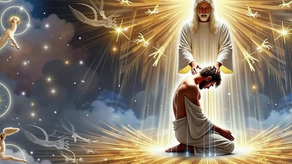 "A divine and spiritual scene showing a heavenly figure with long white hair and a beard, wearing a radiant white mantle, emanating golden light . He is standing above a man kneeling in deep reverence, touching your head in a blessing gesture. The kneeling...