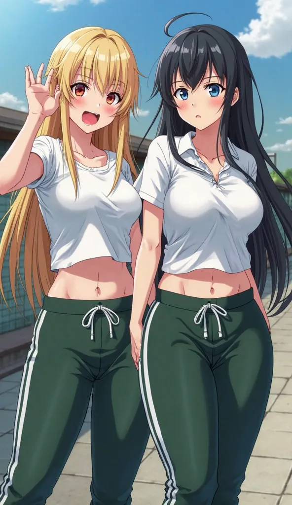 Anime two sexy, daring women, posing sensually, provoking the viewer, one with blonde hair and the other with black hair, dressed in a white short-sleeved T-shirt, a collared T-shirt, huge juicy breasts, large buttocks, thick thighs, long dark green sports...