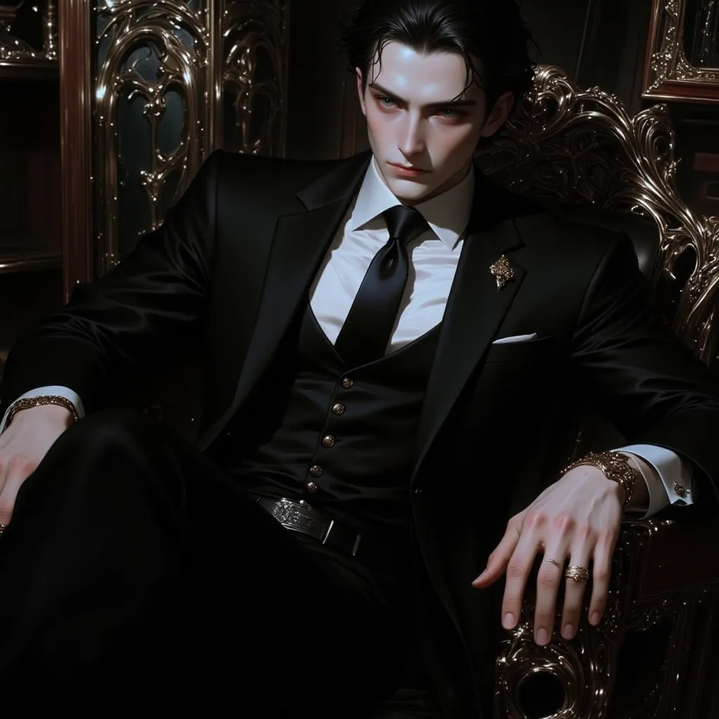 
A Anatomically Correct, High Resolution, Man, 34, Lean, Handsome, Fair Skin, Sharp Aristocratic Features, and Medium Black Hair, Black Eyes. He sits confidently in a luxurious black leather armchair in a psychoanalyst’s office, dressed in a sleek black su...