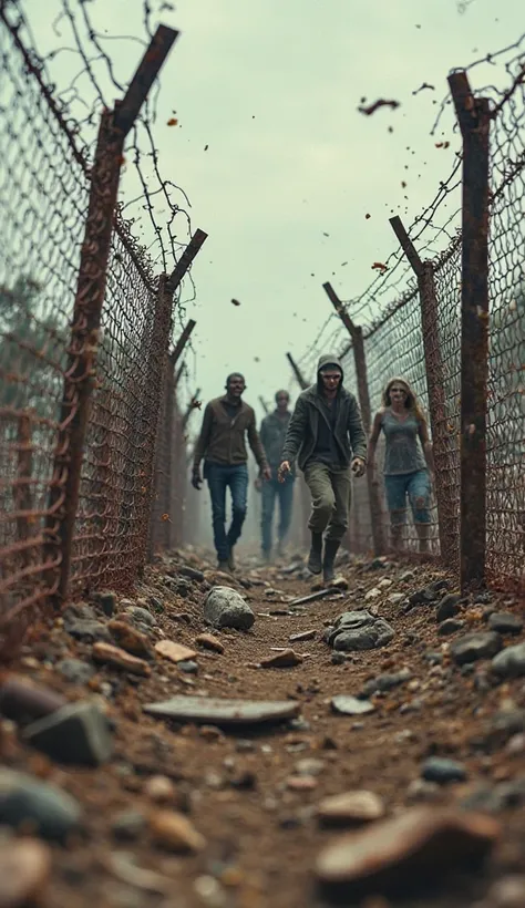 "an image showing a rusty metal or wire fence being broken by a horde of zombies from a distance . The vision is focused on the zombies crossing the holes in the, What is falling apart. The zombies are closing in, some already inside the protected area, wi...