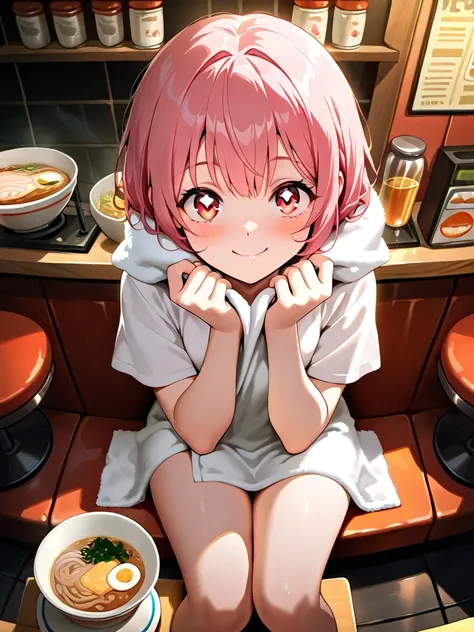 ((((  masterpiece)))), (((( top quality)))),  high resolution,fine grain, detailed faces,1 girl,pink hair,short hair,full body, sitting,smile,sling,I have a towel wrapped around my head, sharp eyes,heart eye, ramen shop,general,Restaurant,I'm making, anime...