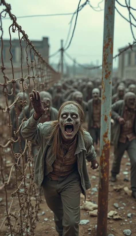 "an image showing a rusty metal or wire fence being broken by a horde of zombies from a distance . The vision is focused on the zombies crossing the holes in the, What is falling apart. The zombies are closing in, some already inside the protected area, wi...