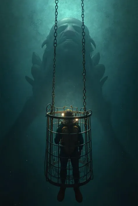 "A diver in a cage in the deep ocean, looking scared at a huge silhouette that approaches in the dark."