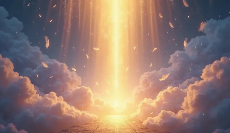 A heavenly and mystical background depicting a divine atmosphere. The image should feature a deep blue and purple gradient sky with golden rays of light descending from above, symbolizing an angelic presence. A soft, shimmering mist envelops the scene, cre...