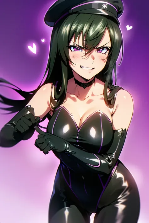 beautiful, masterpiece, ultra detailed, extremely detailed, ultra high res, 8k, beautiful detailed face, anime screencap, heart shaped face woman, (black hair:1.2), long hair, hair between eyes, good shape and big breasts, fearless face, sharp face, slant ...