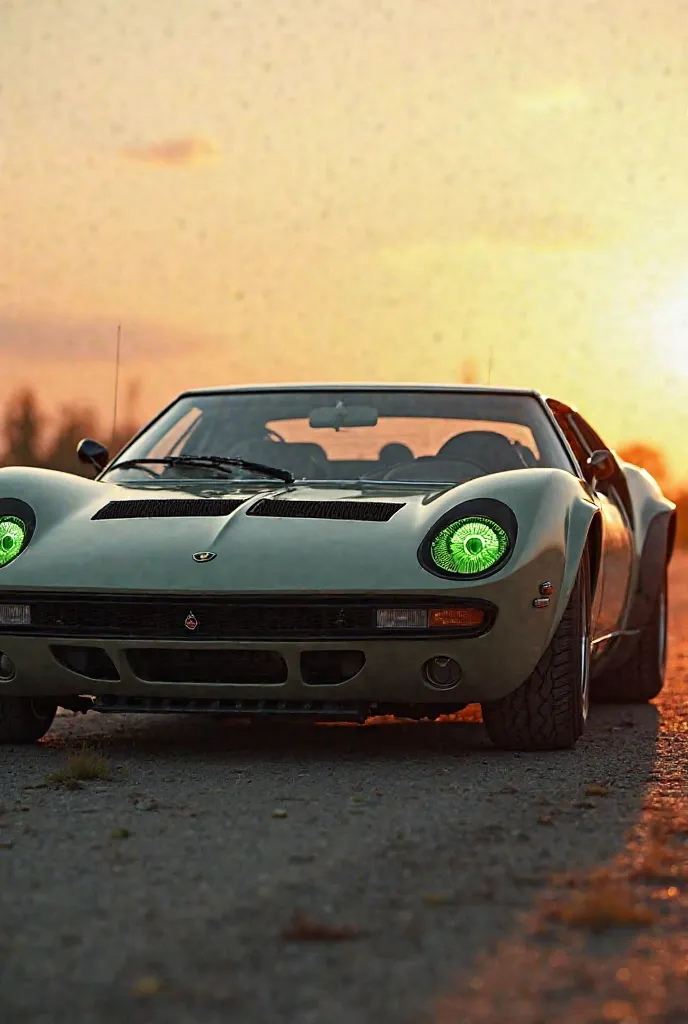   realistic photo , Lamborghini Miura matte gray with green LED headlights, Rally version , in a matt grey , setting sun 