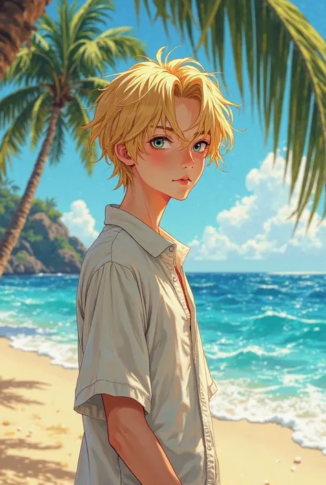 16-Year-Old Japanese Boy , Blond hair and on a beach.