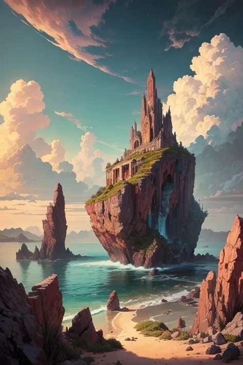 masterpiece, Large island. Beautiful sky and rocks in the distance. Adventure landscape .  Top quality ,  Detailed.