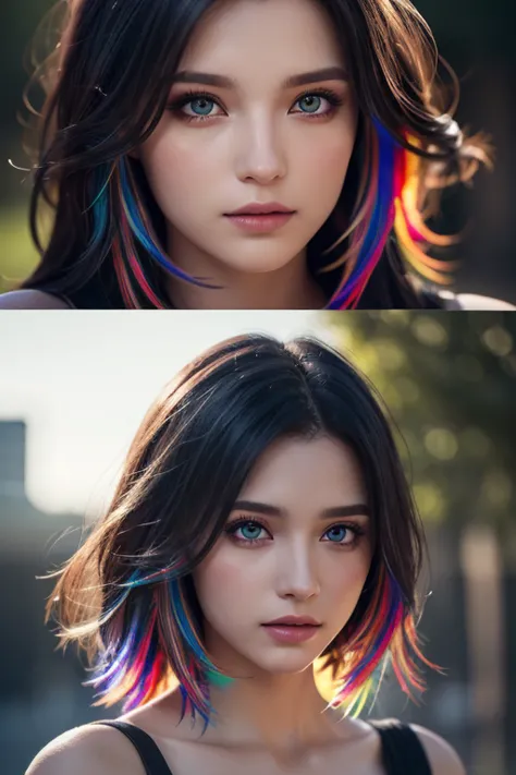 {{Masterpiece}},  best quality ,  Highly Detailed CG Unity 8K Wallpaper,  Cinematic Lights,  lens flare ,  beautiful detail eyes , black,  Sideways glance,   multi colored hair,  colorful  light, particle, Heterochromia, ( colorful :1.5), ( colorful  hair:...