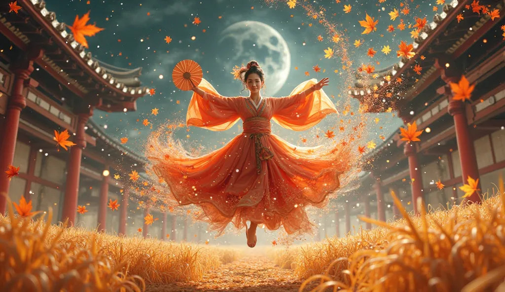 Super realistic, Digital Artwork. Super detailed. A Epic dance that vividly expresses chaos and abundance. A dance of dynamic and complex movements. Princess Tatsuta, the Japanese goddess of autumn, performs an intricate dance in the air with a folding fan...