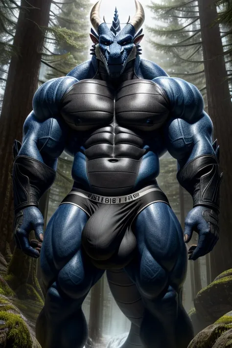 Solo, Anthro, Furry, Male, Blue and Black Dragon, Full body, Very Muscular, Bara, Big, Buff, Very Big, Very Tall, Giant Sized, Monster Sized, Very Tall, Macrophilia, Gigantism, Looking at viewer, Wearing Black Briefs, Cock bulge, Balls Bulge, Large Bulge, ...