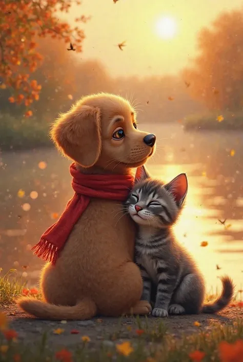 The brown puppy and the gray-striped kitten sit side by side on a riverbank, basking in the golden glow of the sunrise. The puppy’s red scarf flutters in the morning breeze, and the kitten leans against its friend, eyes closed in comfort. The river sparkle...