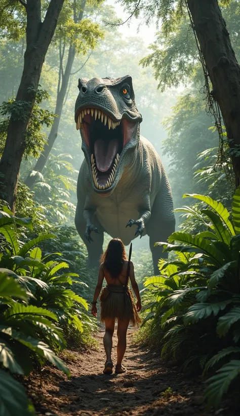 A hyper-realistic POV image of a person in prehistoric times, dressed in primitive clothing, pushing aside a giant leaf in a dense jungle and revealing a colossal T-Rex ahead. The character’s hands and body are visible, enhancing immersion. The scene featu...