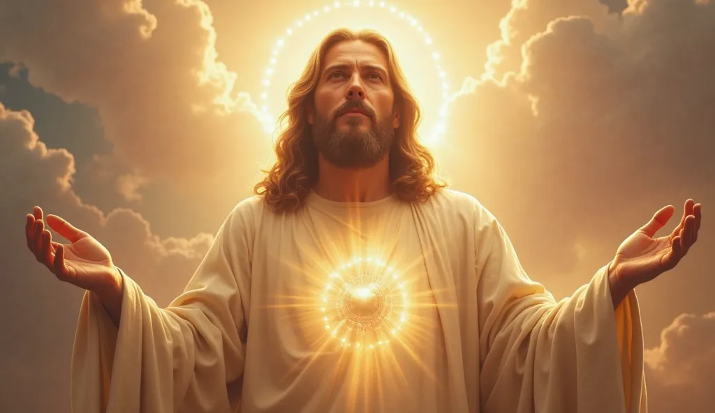  A mystical vision of Jesus Christ extending His hands, offering divine healing and comfort. His eyes are full of love and compassion. A radiant halo surrounds Him, and soft light beams spread through the clouds behind Him. --v 5 --ar 16:9  