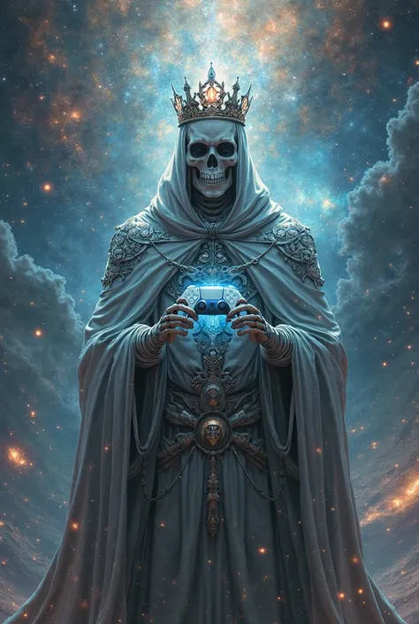 Galactic skeleton king with a crown holding a ps5 controller