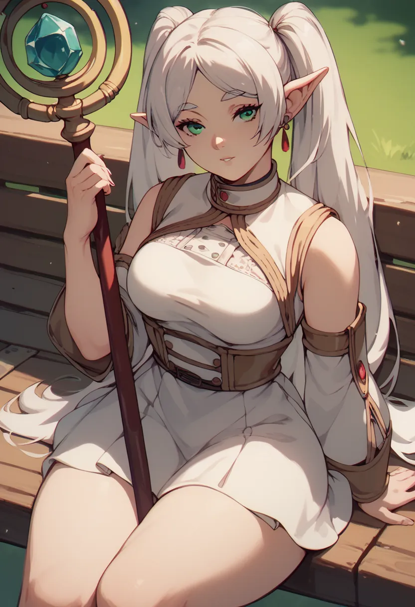  freeze , Big white hair green eyes medium breasts healed abdomen thick thighs white skirt white blouse white tunic sitting on the bench in the square sexy holding the staff in her hand